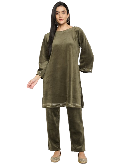 Women's Velvet Winter Kurti Set, Long Sleeves|Winter Velvet Kurti & Pajama Set