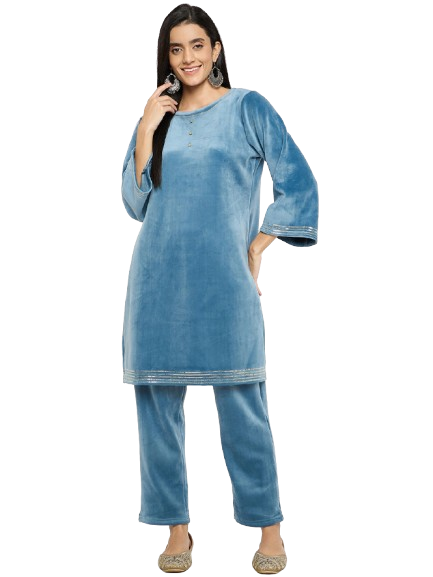 Women's Velvet Winter Kurti Set, Long Sleeves|Winter Velvet Kurti & Pajama Set