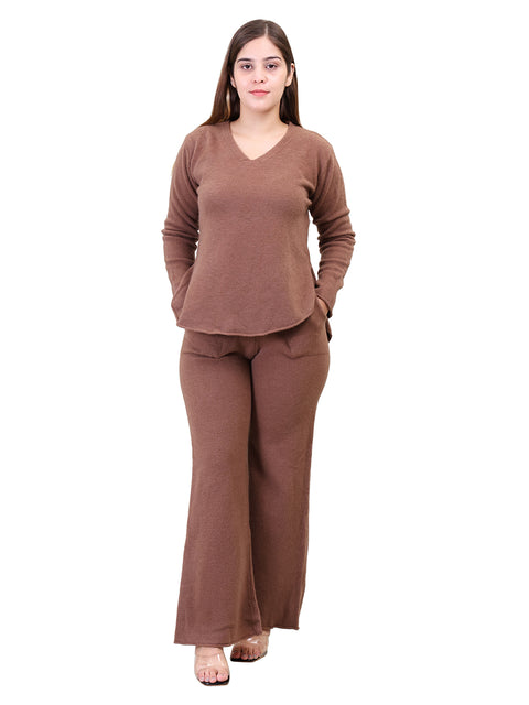 Women's Long Sleeve V-Neck woolen Khaki Co-Ord Set