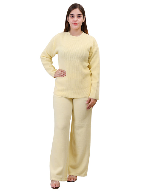 Women's Long Sleeve Round Neck woolen Yellow Co-Ord Set