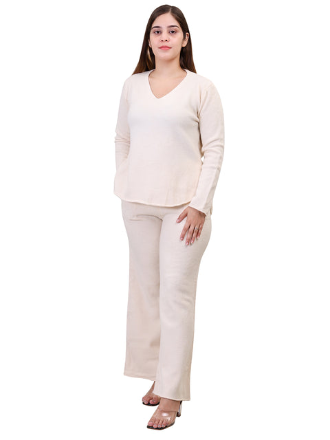 Women's Long Sleeve V-Neck woolen Off White Co-Ord Set