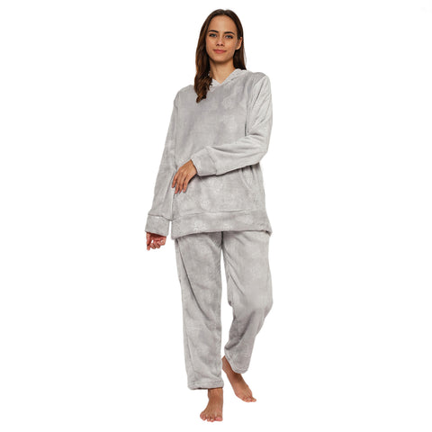 Women's Embossed Full Sleeve Hooded Top and Pajama Pants with Pockets