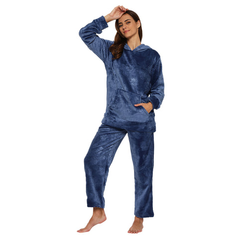 Women's Embossed Full Sleeve Hooded Top and Pajama Pants with Pockets