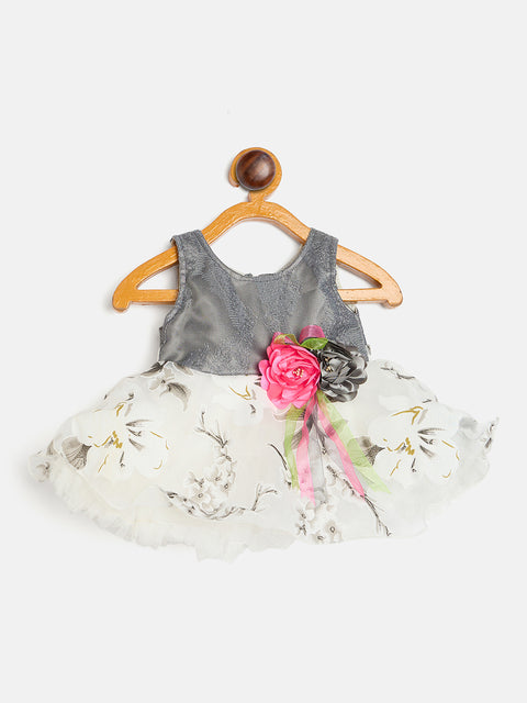 Girls Floral Party Dress, Grey Sequin Bodice, White Tulle Skirt with Rose Embellishment