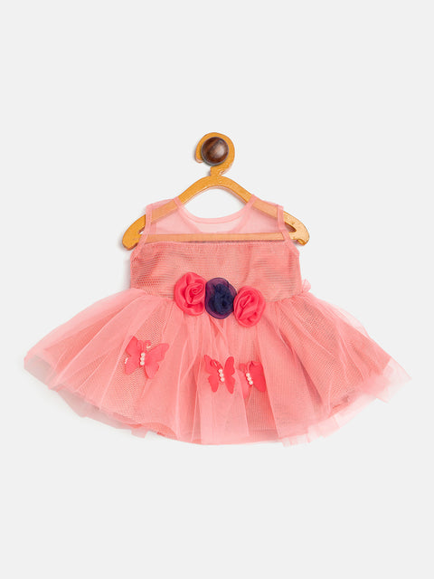 Baby Girl's Party Dress, Pink with Floral Appliques, Sleeveless