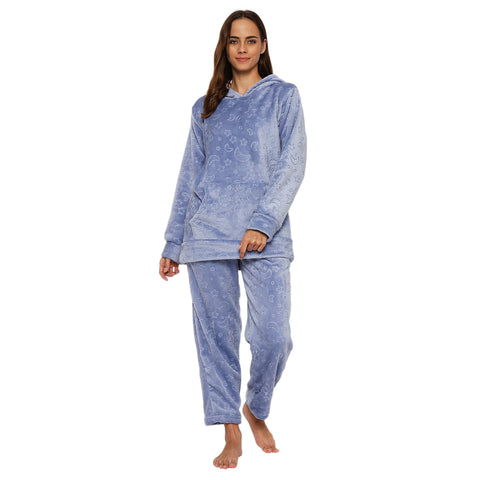 Women's Embossed Full Sleeve Hooded Top and Pajama Pants with Pockets