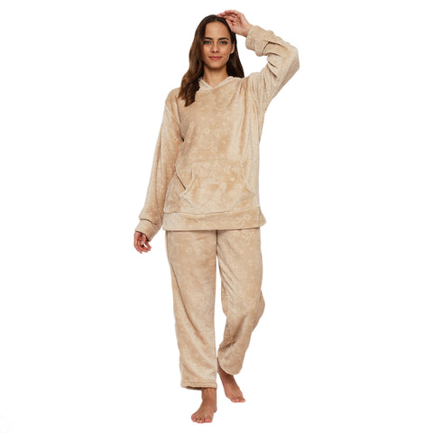 Women's Embossed Full Sleeve Hooded Top and Pajama Pants with Pockets