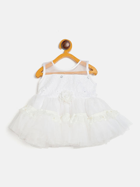 Baby Girl's Sleeveless Tutu Dress, White Layered Tulle Party Dress with Floral Accent