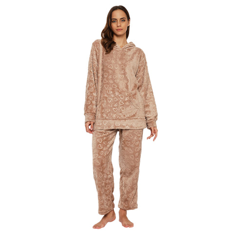 Women's Embossed Full Sleeve Hooded Top and Pajama Pants with Pockets