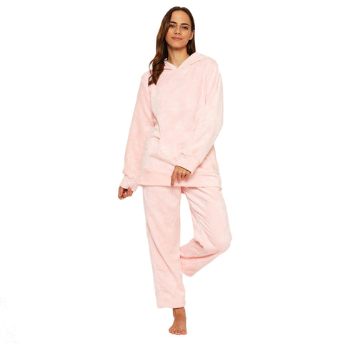 Women's Embossed Full Sleeve Hooded Top and Pajama Pants with Pockets