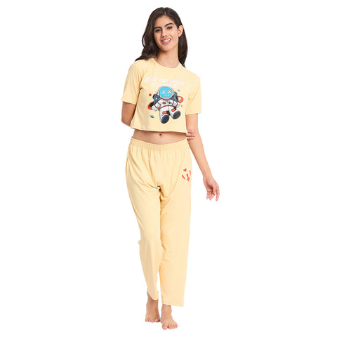 Nightwear crop cord Set for Women|Printed Top and Pajama|Viscose Crop T-Shirt and Pants with 2 side pockets