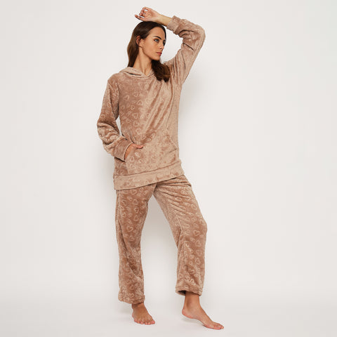 Women's Embossed Full Sleeve Hooded Top and Pajama Pants with Pockets