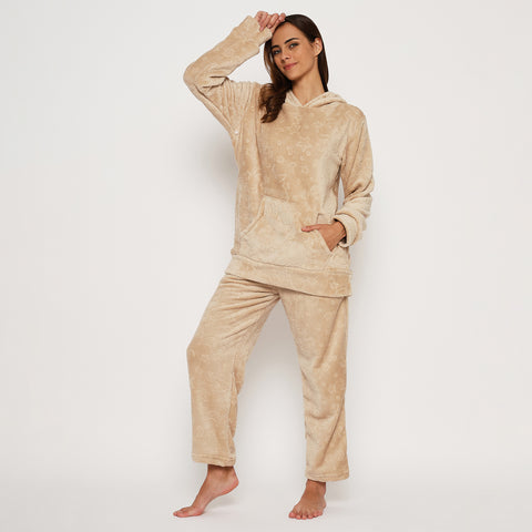 Women's Embossed Full Sleeve Hooded Top and Pajama Pants with Pockets