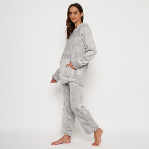 Women's Embossed Full Sleeve Hooded Top and Pajama Pants with Pockets