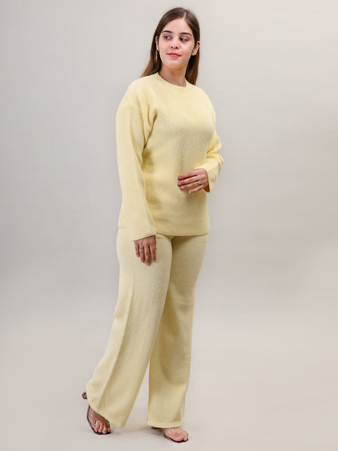 Women's Long Sleeve Round Neck woolen Yellow Co-Ord Set