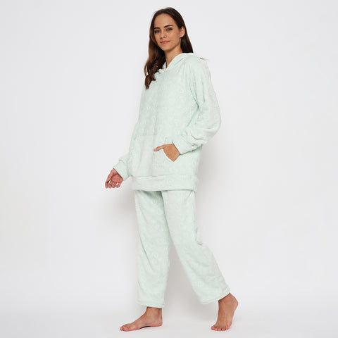 Women's Embossed Full Sleeve Hooded Top and Pajama Pants with Pockets