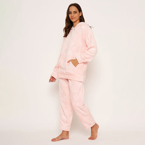 Women's Embossed Full Sleeve Hooded Top and Pajama Pants with Pockets