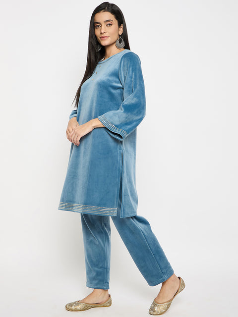 Women's Velvet Winter Kurti Set, Long Sleeves|Winter Velvet Kurti & Pajama Set