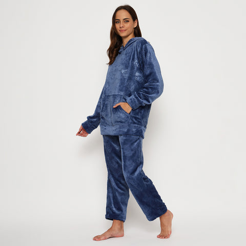 Women's Embossed Full Sleeve Hooded Top and Pajama Pants with Pockets