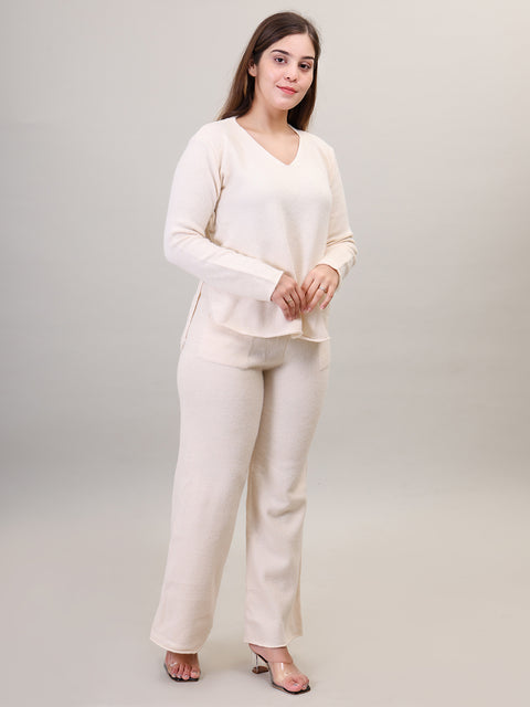 Women's Long Sleeve V-Neck woolen Off White Co-Ord Set