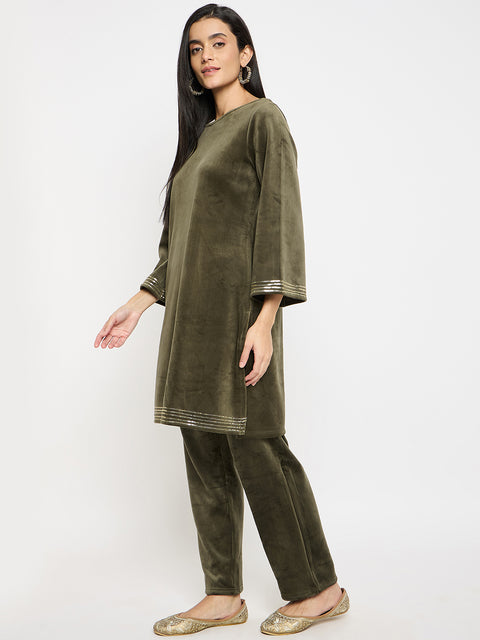 Women's Velvet Winter Kurti Set, Long Sleeves|Winter Velvet Kurti & Pajama Set