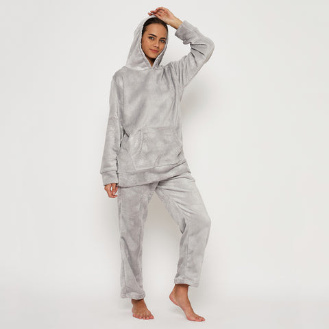 Women's Embossed Full Sleeve Hooded Top and Pajama Pants with Pockets