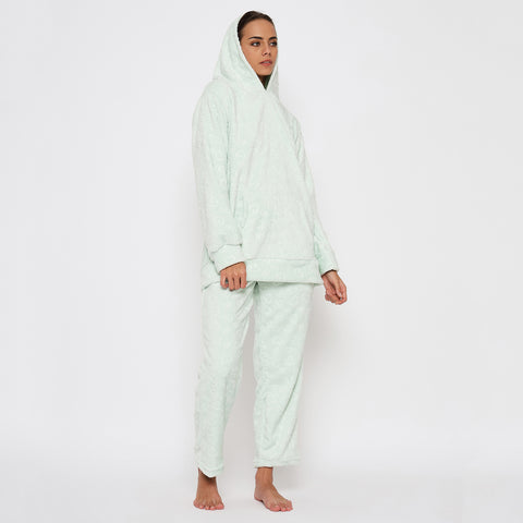 Women's Embossed Full Sleeve Hooded Top and Pajama Pants with Pockets