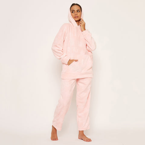 Women's Embossed Full Sleeve Hooded Top and Pajama Pants with Pockets