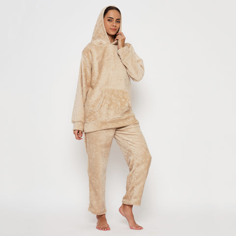 Women's Embossed Full Sleeve Hooded Top and Pajama Pants with Pockets