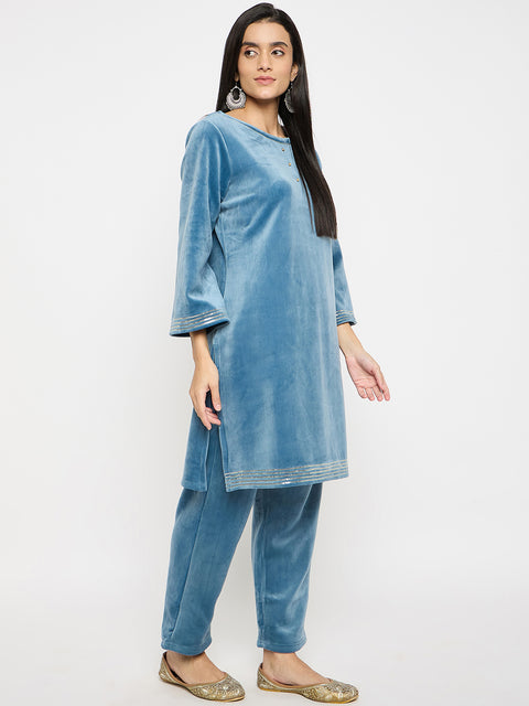 Women's Velvet Winter Kurti Set, Long Sleeves|Winter Velvet Kurti & Pajama Set