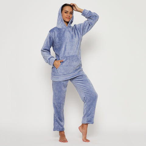 Women's Embossed Full Sleeve Hooded Top and Pajama Pants with Pockets