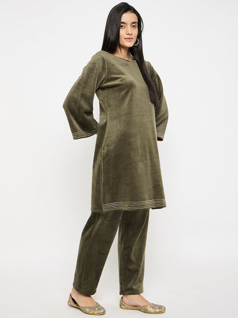 Women's Velvet Winter Kurti Set, Long Sleeves|Winter Velvet Kurti & Pajama Set