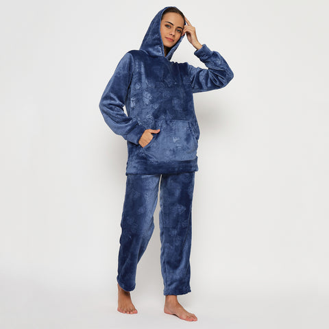 Women's Embossed Full Sleeve Hooded Top and Pajama Pants with Pockets