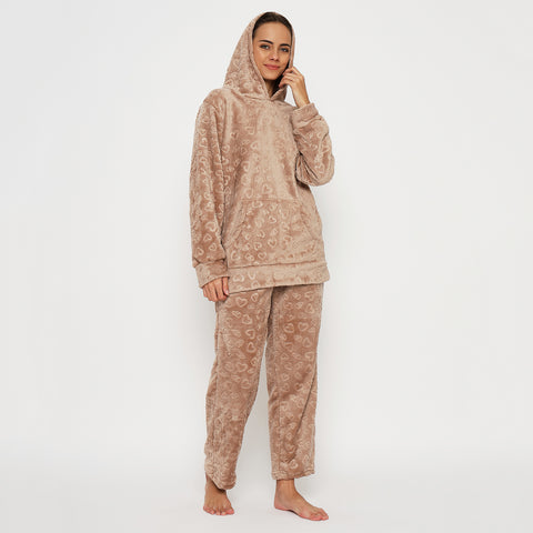 Women's Embossed Full Sleeve Hooded Top and Pajama Pants with Pockets