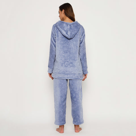 Women's Embossed Full Sleeve Hooded Top and Pajama Pants with Pockets