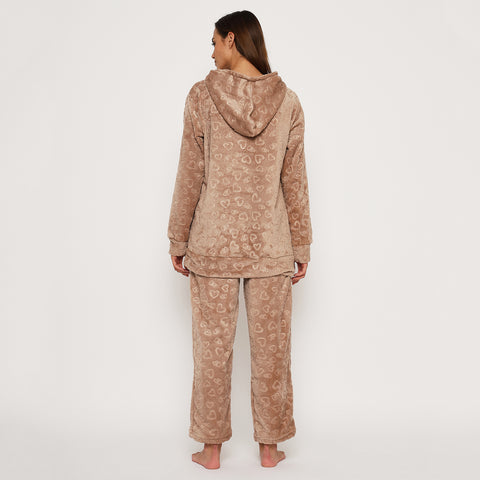 Women's Embossed Full Sleeve Hooded Top and Pajama Pants with Pockets