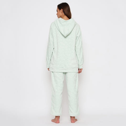 Women's Embossed Full Sleeve Hooded Top and Pajama Pants with Pockets