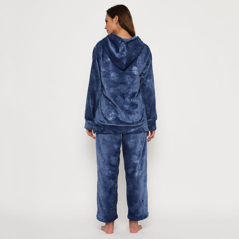 Women's Embossed Full Sleeve Hooded Top and Pajama Pants with Pockets