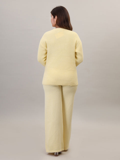 Women's Long Sleeve Round Neck woolen Yellow Co-Ord Set