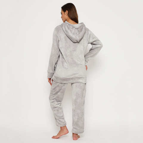 Women's Embossed Full Sleeve Hooded Top and Pajama Pants with Pockets