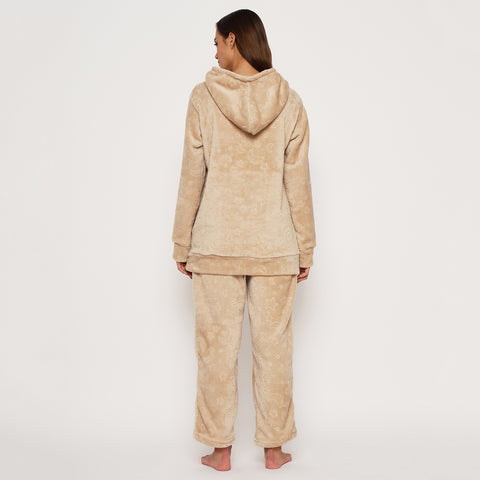 Women's Embossed Full Sleeve Hooded Top and Pajama Pants with Pockets