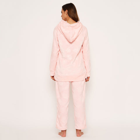 Women's Embossed Full Sleeve Hooded Top and Pajama Pants with Pockets