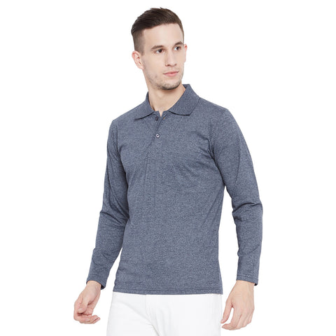 Men's Grey Blue Full Sleeves Cotton Polo T-Shirt - Camey Shop